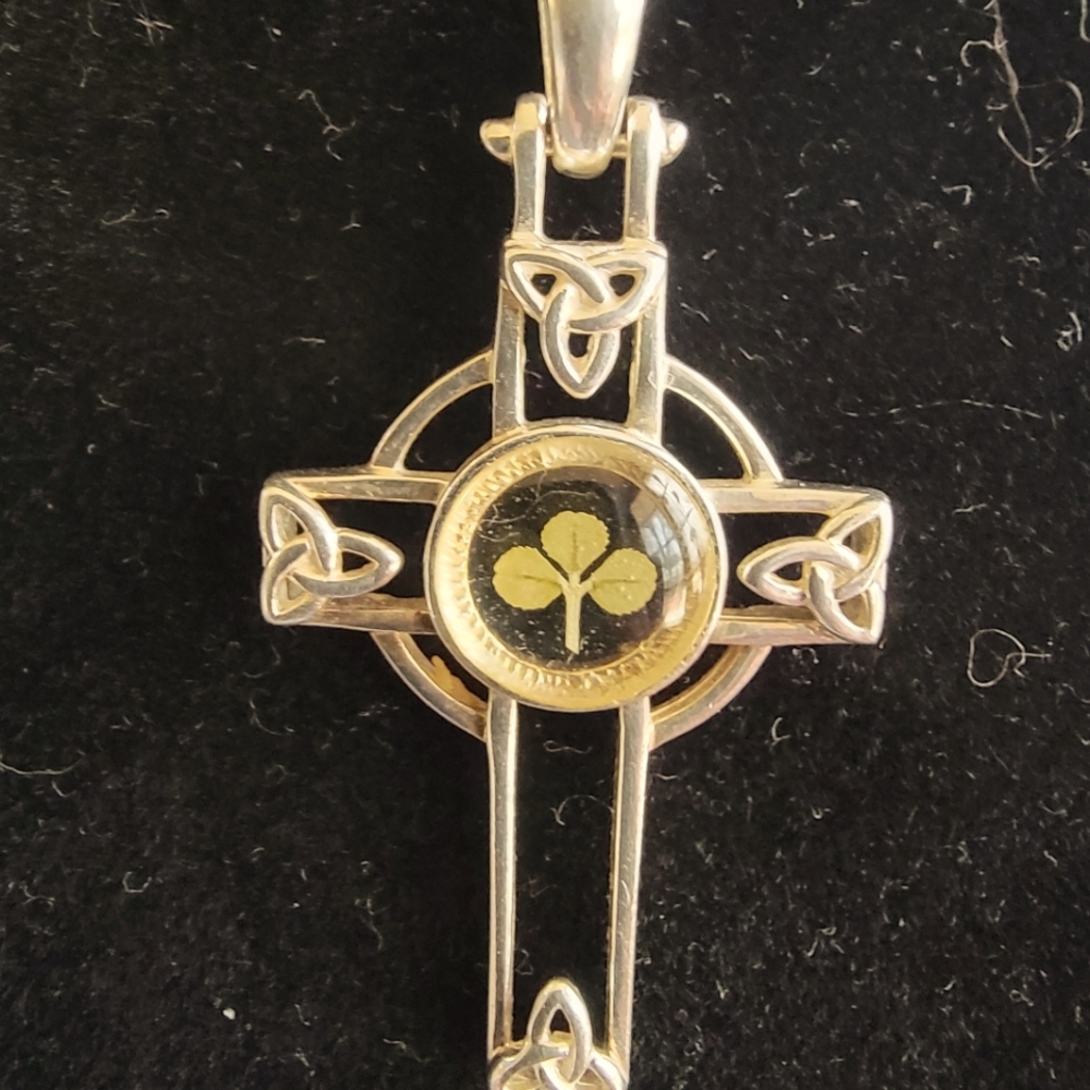 Connemara Celtic Cross, sterling silver clover with a three leaf clover encased.